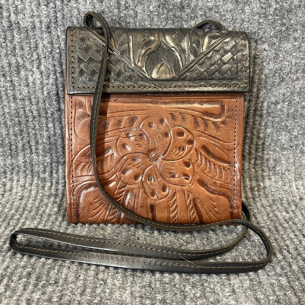 Leaders in Leather Crossbody Wallet Bag Brown Western Hand Tooled Festival